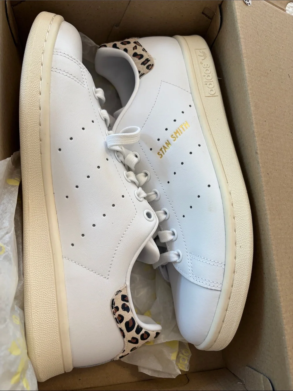 adidas Stan Smith White Leather Sneakers with Leopard Heel Accent